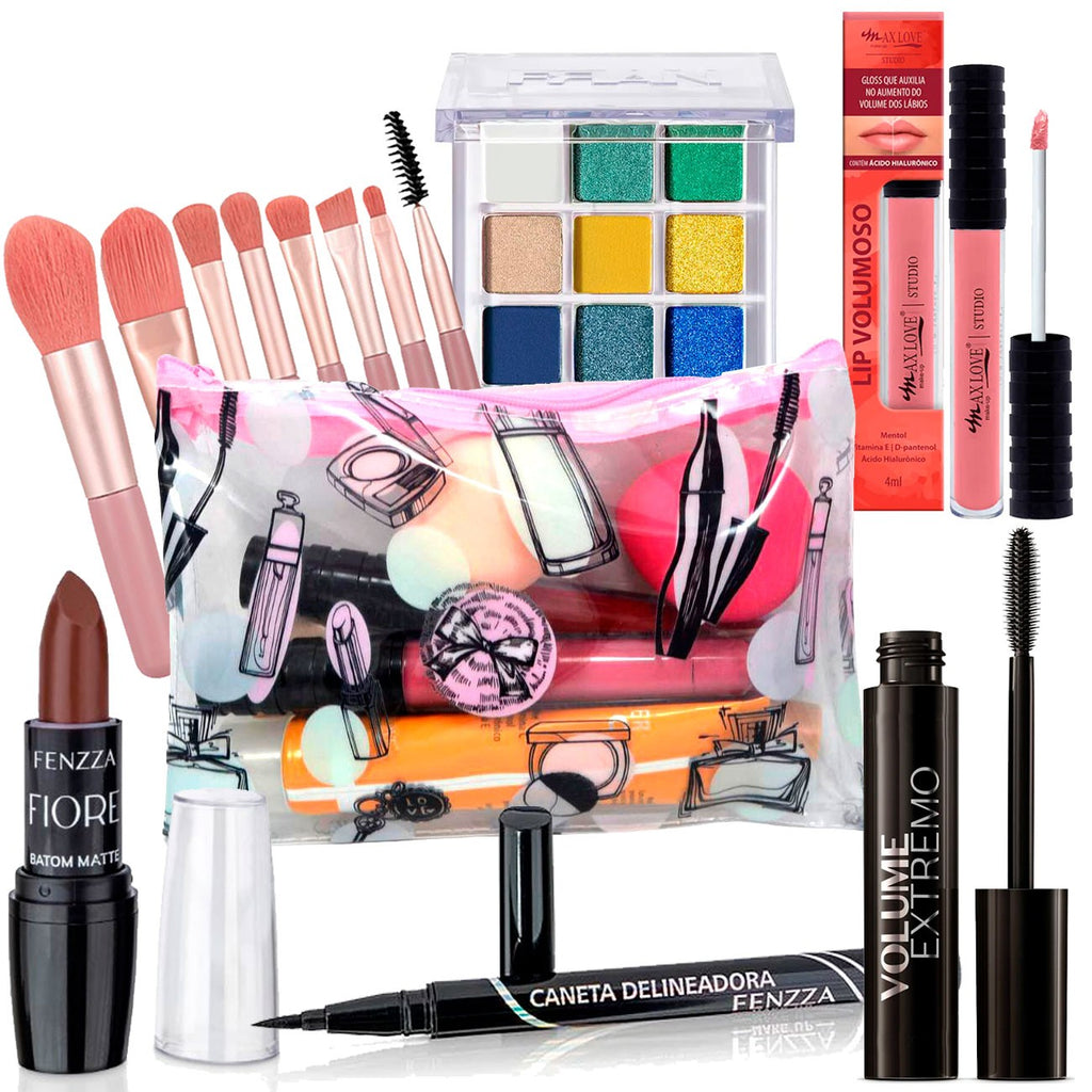 Kit c/ 7 itens Maquiagem com Necessaire e Paleta de Sombras