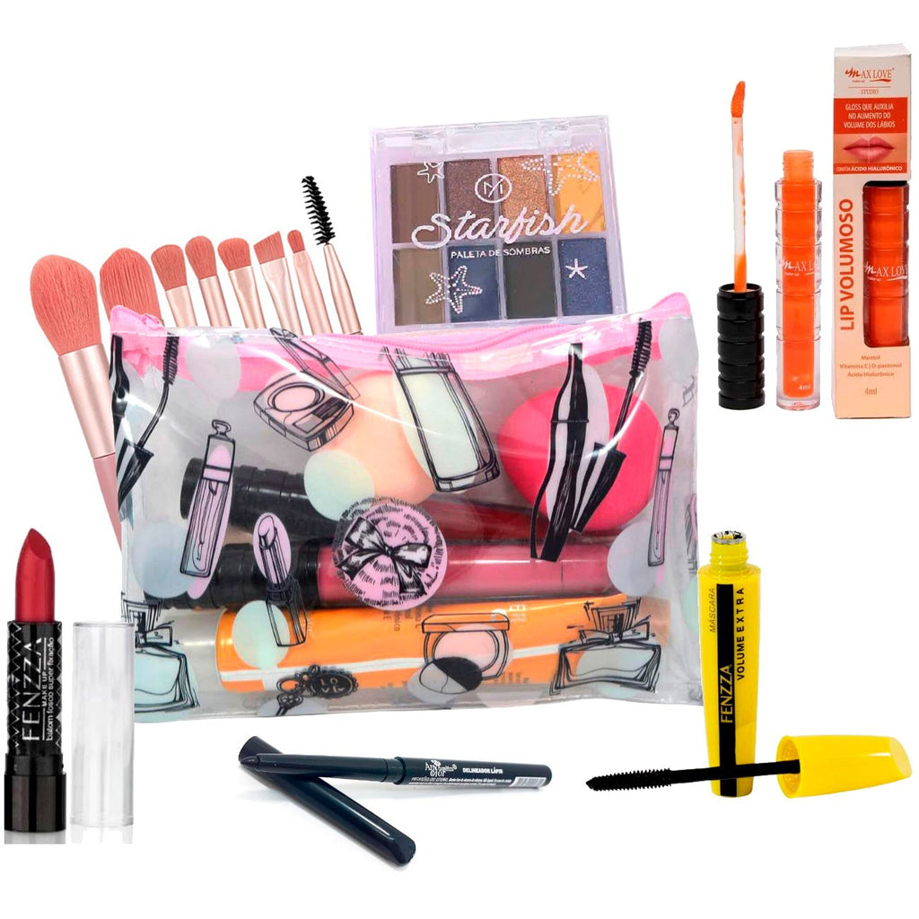 Kit c/ 7 itens Maquiagem com Necessaire e Paleta de Sombras